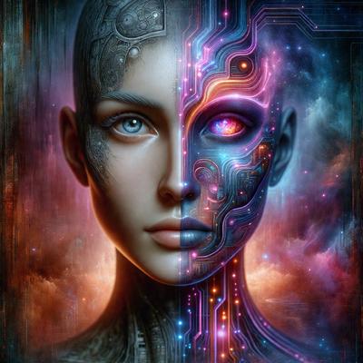 The primary subject of the image is a futuristic, cyberpunk-style robot with a human-like face. The robot has a mix of mechanical and human-like features, including a human head and a robotic body. The setting is a futuristic environment, with the robot standing in front of a backdrop of a purple sky. The visual style of the image is digital art, with the robot's face and body being intricately detailed and colorful. The dominant colors in the image are purple and blue, creating a moody and futuristic atmosphere.